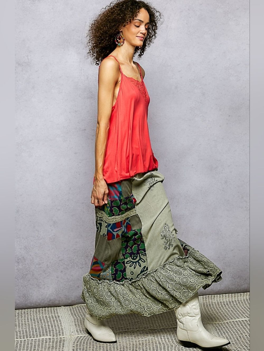 POL Printed Embroidered Ruffled Bohemian Patchwork Green Sz Small - Picture 7 of 9